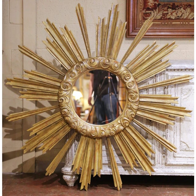 Late 20th Century Large Vintage Italian Giltwood Sunburst Mirror With Carved Scroll Frame For Sale - Image 5 of 8