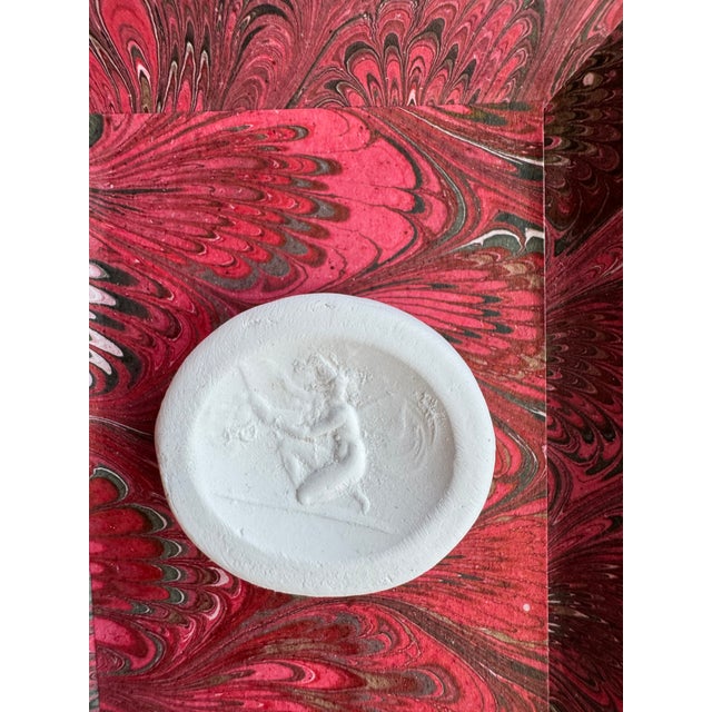 Paper Vintage Grand Tour Plaster Intaglios (Female) on Hand-Marbled Red Tray For Sale - Image 7 of 8