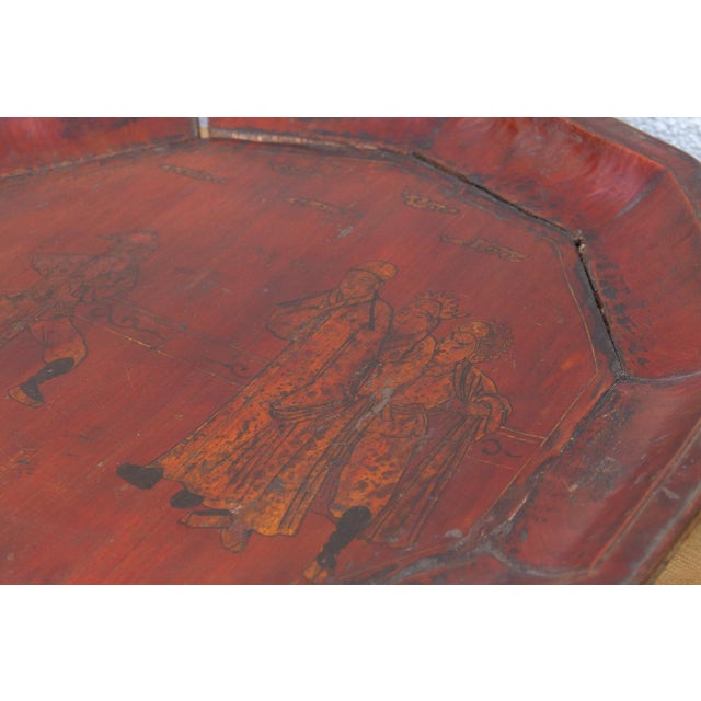 Figurative Antique Wooden Platter With Figurative Gilt Scene For Sale - Image 3 of 8