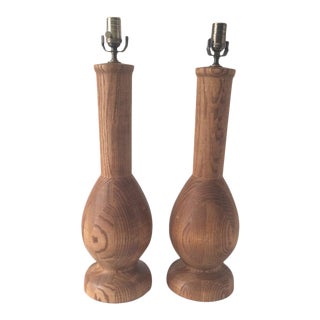 Pair Vintage Danish Style Mid Century Modern Turned Wood Block Table Lamps For Sale