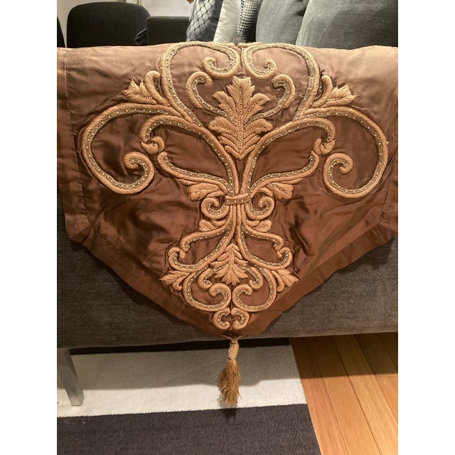 Sethi & Sethi Medallion Scroll Crest Embroidered Silk Satin Throw/ Table Runner For Sale - Image 10 of 11