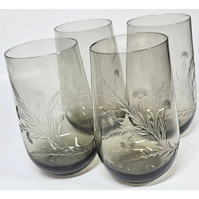 Mid 20th Century Handcarved Dandelion Crystal Stemless Goblets- Set of Four For Sale - Image 9 of 13