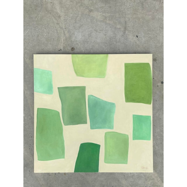 This serene square abstract painting is a superb example of Mid-Century Modern geometric art, signed simply "Ursula." The...