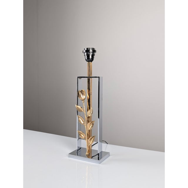 Maison Charles Chrome and Gilt Bronze Rose Table Lamp attributed to Maison Charles, France, 1970s For Sale - Image 4 of 14