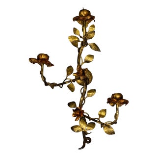 Hollywood Regency Gilt Tole Metal Triple-Arm Floral Wall Candle Sconce, 1970s For Sale