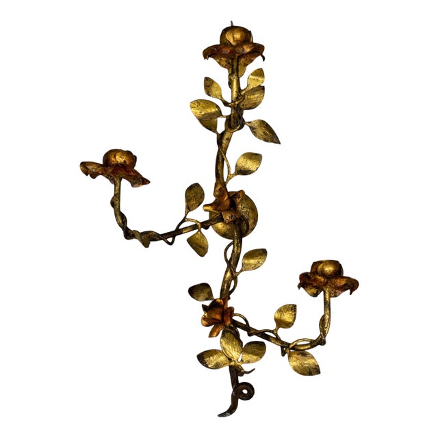 Hollywood Regency Gilt Tole Metal Triple-Arm Floral Wall Candle Sconce, 1970s For Sale