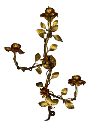 Hollywood Regency Gilt Tole Metal Triple-Arm Floral Wall Candle Sconce, 1970s
