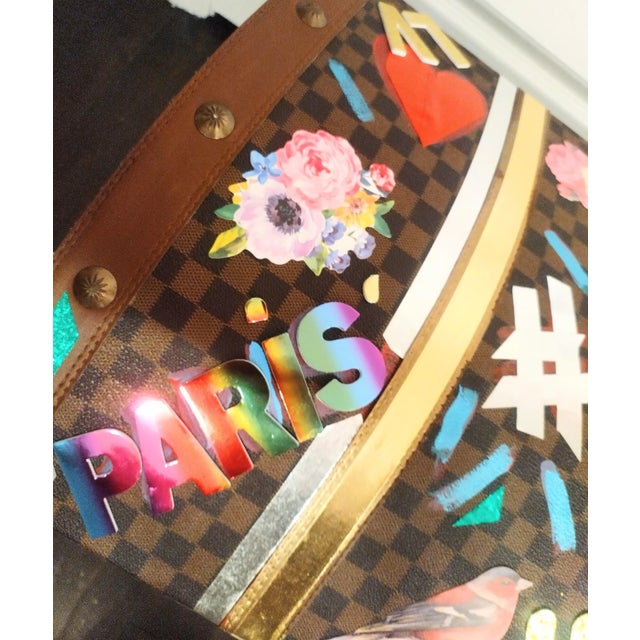 Wood Custom Made One of a Kind Mixed Media Art Covered Faux Leather Checkered Large Storage Trunk Art For Sale - Image 7 of 11