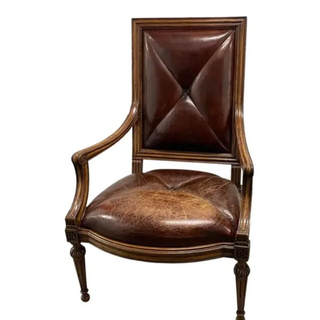 Italian 1 of 2 18c Style Hendrix Allardyce Tufted Leather Giltwood Arm Chair For Sale - Image 3 of 7