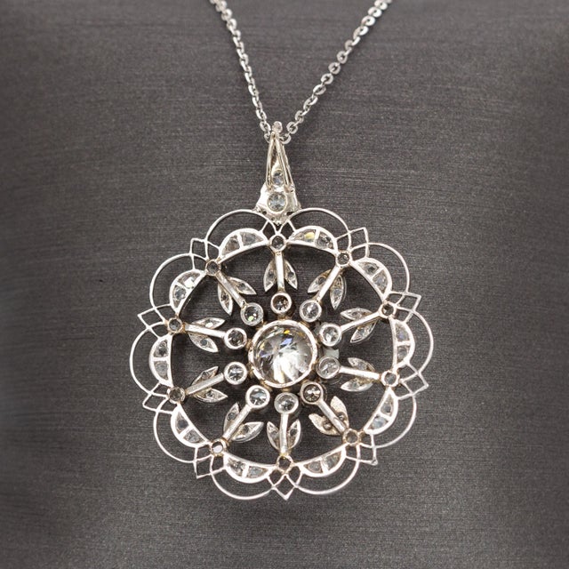 Exquisite Platinum Flower Pendant With Authentic Earth Mined Diamonds and Chain For Sale - Image 4 of 6