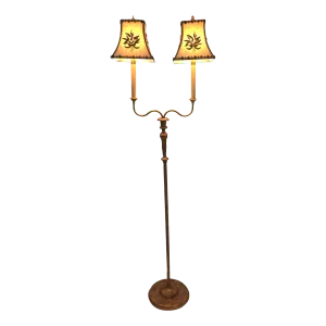 Pretty Two-Arm Gilt Metal Floor Lamp With Hand Embroidered Shades