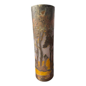 Antique Scenic Landscape 15” Art Glass Vase With Decorative Metal Overlay