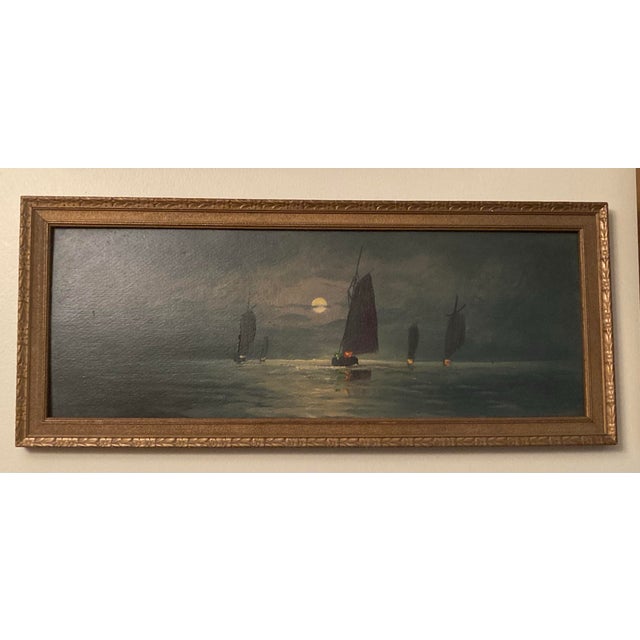 Blue American 19 Century Maritime Oil painting.This Moonlit Maritime Painting 19century Atmospheric Nocturnal Scene a Style Often Referred to as Nocturne. For Sale - Image 8 of 11