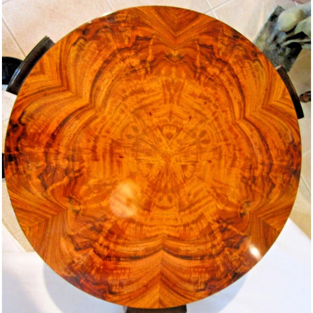 This Theodore Alexander Art Deco Style Round Wood and Glass Center / End Table (last photo shows the metal label T.A....