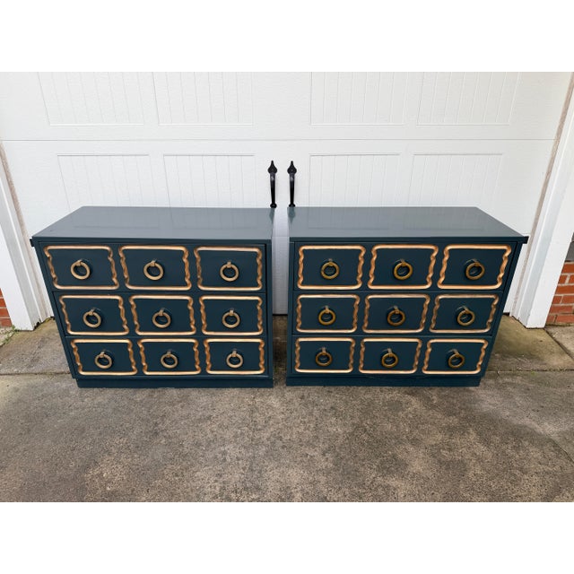 A pair of Dorothy Draper style Espana chests recently lacquered in Benjamin Moore’s Salamander with new brass hardware...