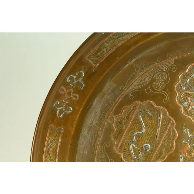 Brass Antique Cairo Ware Copper & Silver Inlay Brass Tray For Sale - Image 8 of 12