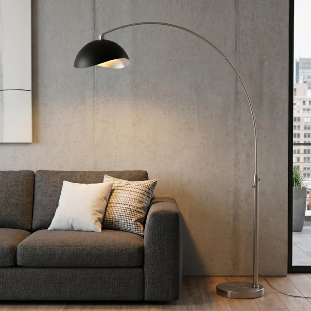 Mid-Century Modern 1960s Nova of California Mid Century Luna Bella Floor Lamp - Modern Arc Lamp, Satin Nickel, Matte Black/Silver Shade, Dimmable For Sale - Image 3 of 4