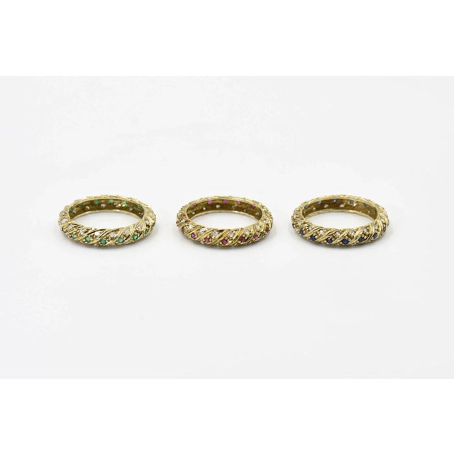 Modern Set of Ruby Emerald Sapphire Stacking Gold Bands with Diamonds - 3 Pieces, Ring size 6 - 6.25 For Sale - Image 3 of 8