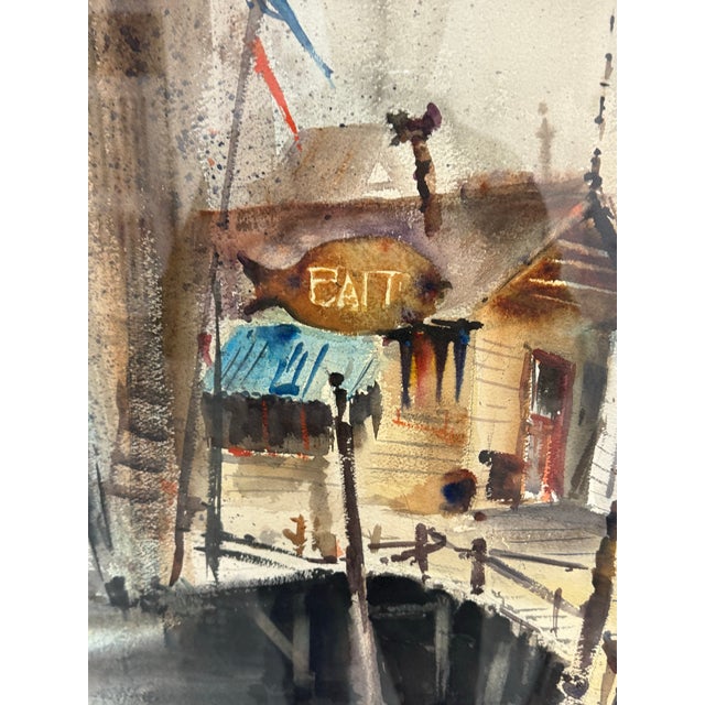 Coastal Kenneth Siqueira Fishing Wharf Framed Watercolor, Signed For Sale - Image 3 of 11
