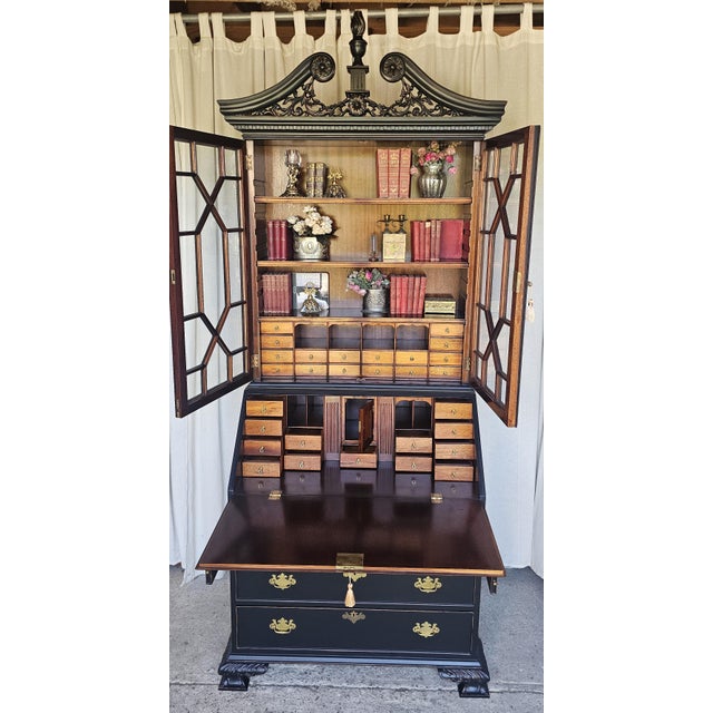 1940s Black Chippendale Style Secretary Desk/ Secretary Hutch, 2 Piece Cabinet For Sale - Image 11 of 17