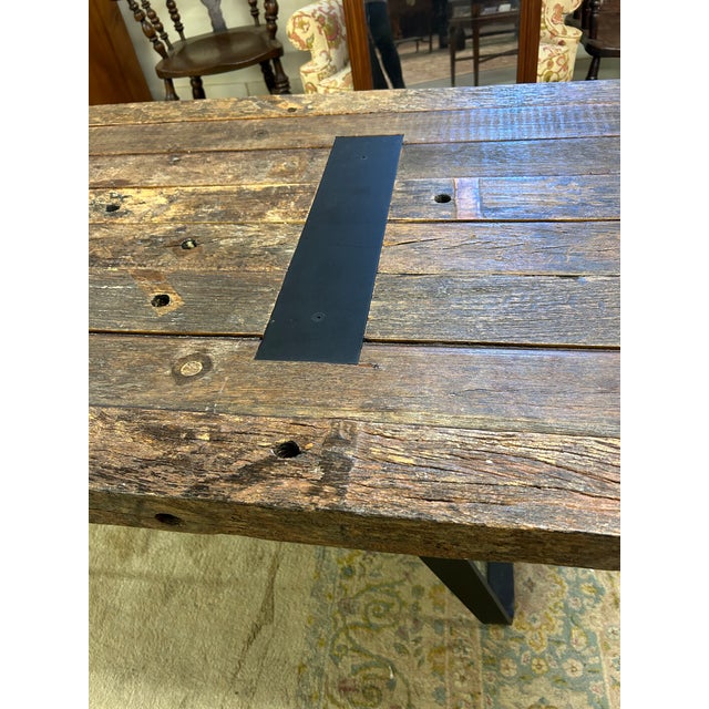 Industrial Rectangular Salvage Wood & Black Iron Table or Desk For Sale - Image 4 of 14