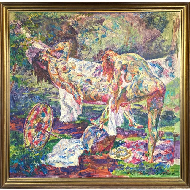 Niels Peter Bolt Early Naturalistic Painting of Two Lounging Nude Female Figures in Nature, 1954 For Sale