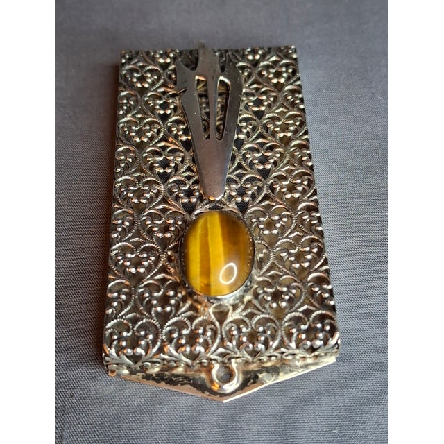 Vintage Israel Sterling Silver 925 Filigree Mezuzah Case Tiger's Eye Stone Judaica For Sale - Image 12 of 18