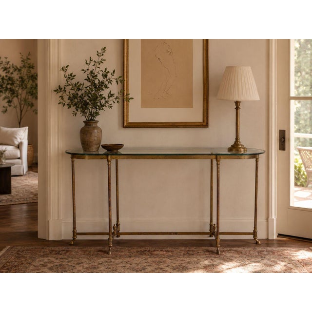 LaBarge, German Mid-Century Modern, Console Table, Brass, Glass, Germany, 1970s A long and narrow console table designed...