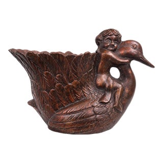 Vintage Korean Cast Metal Swan & Cherub Planter Cachepot in Bronze Finish, 1970s For Sale
