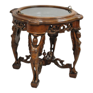 Antique French Renaissance Carved Female Dancer Walnut Display Tray Coffee Table