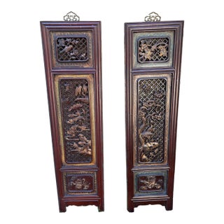 1875 Chinese Red Intricate Wooden Carved Door Panels in Gold Color Accent, a Pair For Sale