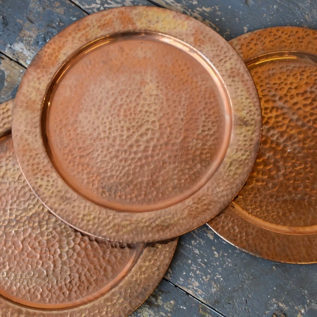 Vintage Hammered Copper Chargers, Set of Six, Circa 1970s-80s. Hand-hammered copper chargers with rolled edges. Perfect...