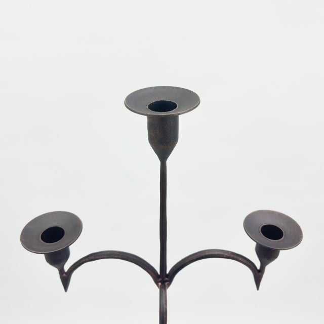 Hand Forged Iron Floor Candelabra 49″ (125cm) Antique Copper Patina 3-Arm Slim Base Candle Holder Rustic Decor For Sale - Image 4 of 7