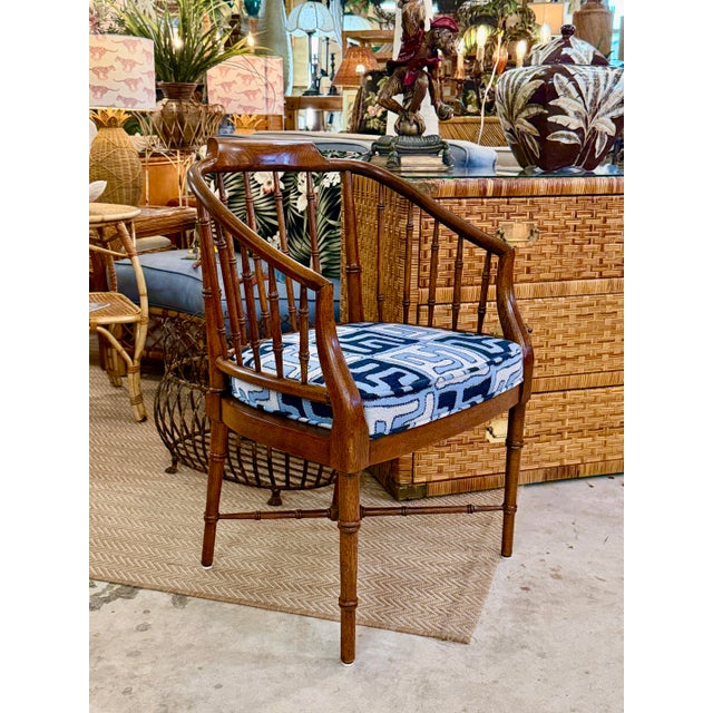 Vintage Chinoiserie Drexel Heritage Faux Bamboo Walnut Spindle Arm Chair Newly Upholstered For Sale - Image 12 of 12