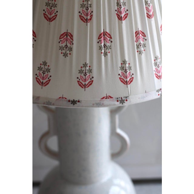2020s Pale Blue/White Ceramic Lamp With Handles + Cotton Block Printed and Pleated Shade For Sale - Image 5 of 6