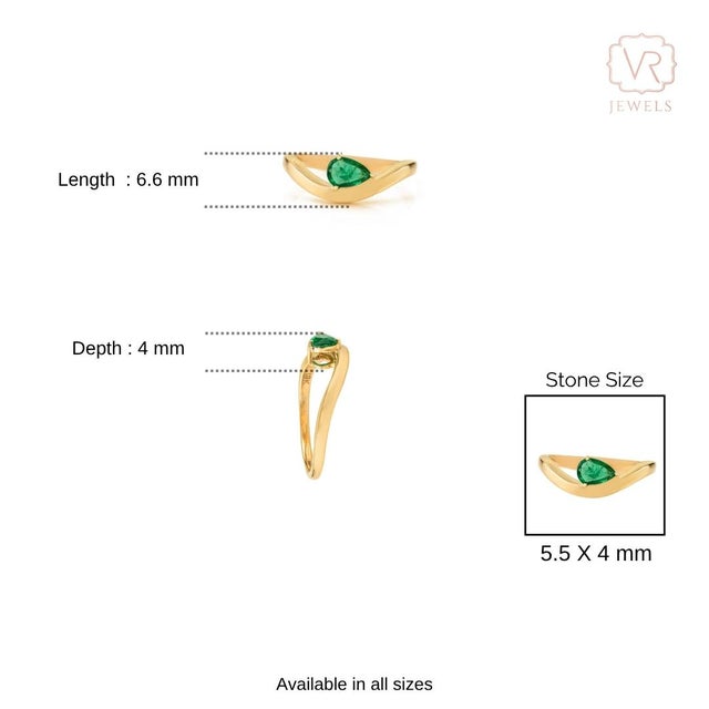 Minimalist 18k Yellow Gold Pear Cut Deep Green Emerald Solitaire Wave Ring Size 5 For Sale - Image 9 of 14