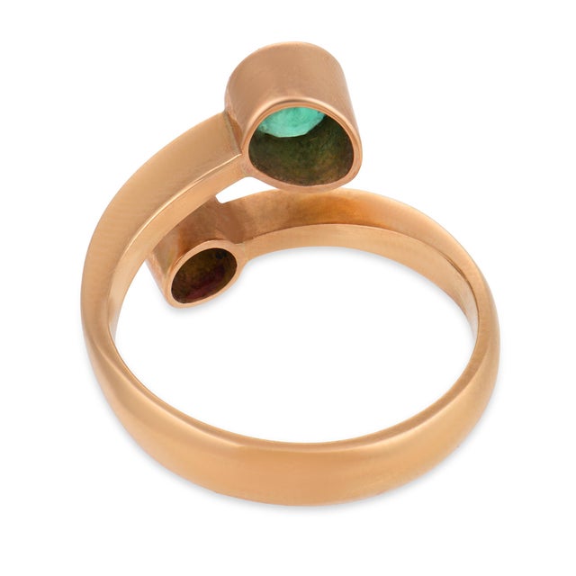 Vintage Old European Cut Diamond Emerald 18k Rose Gold Toi Et Moi Ring, Size 5.5 For Sale In Los Angeles - Image 6 of 7