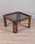 Square coffee table with wooden frame and smoked glass top, Italian design, 1970s.