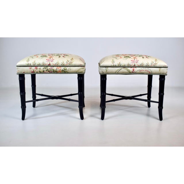 1970s Vintage Pair of Faux Bamboo Ottomans Benches Stools Floral New Upholstery For Sale - Image 5 of 12