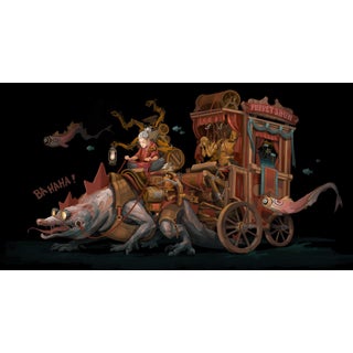 Puppet Show by Dustin Panzino | Procreate on metal Illustration of a whimsical puppet show scene. For Sale