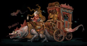 Puppet Show by Dustin Panzino | Procreate on metal Illustration of a whimsical puppet show scene.