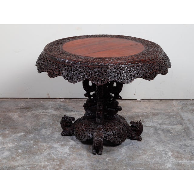 Asian Antique 19th Century Burmese Hand-Carved Side Pedestal Table with Mythical Animals For Sale - Image 3 of 12