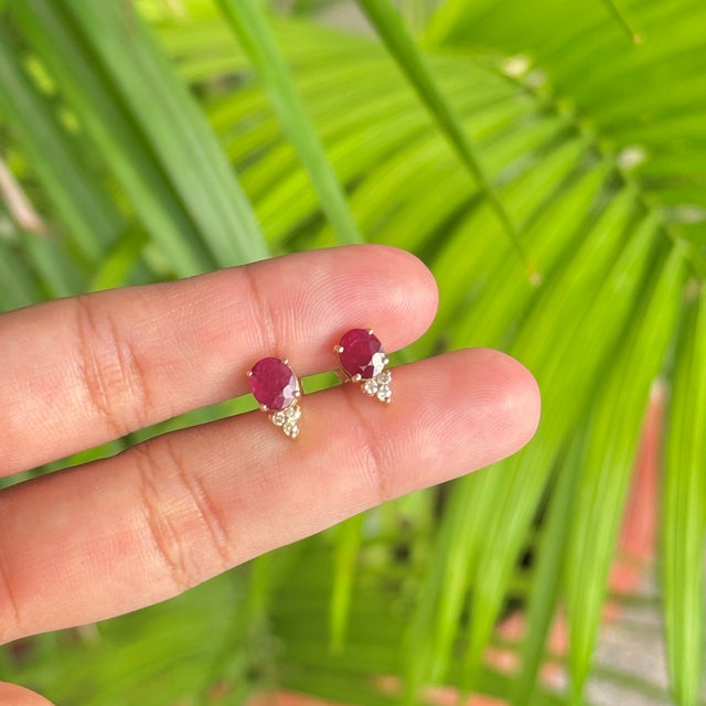 1.75 Ct Oval Cut Ruby and Diamond Crown Stud Earrings in 14k Gold- A Pair For Sale - Image 12 of 16