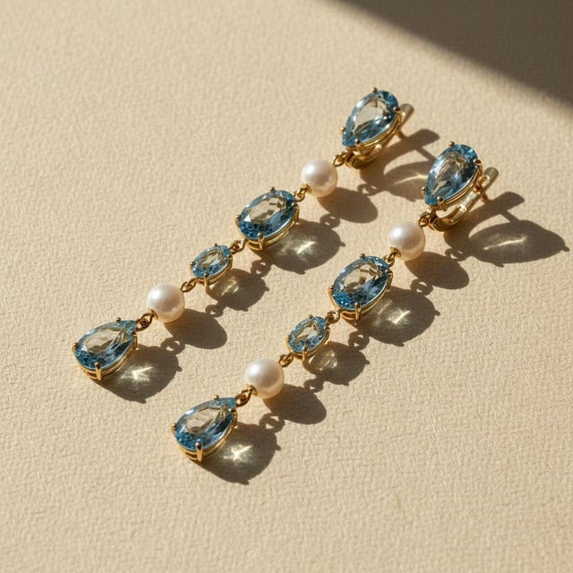 Modern Topaz & Pearl Drop Multi-Shape Earrings, Silver, Gold, Pair For Sale - Image 3 of 9