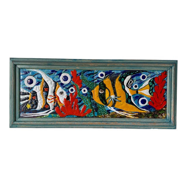 Vintage Handcrafted Ceramic Mosaic Fish- Aquatic Panel Wall Art – Framed For Sale