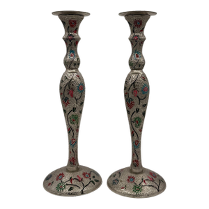 Vintage Hand-Engraved & Painted Metal Candlesticks – a Pair
