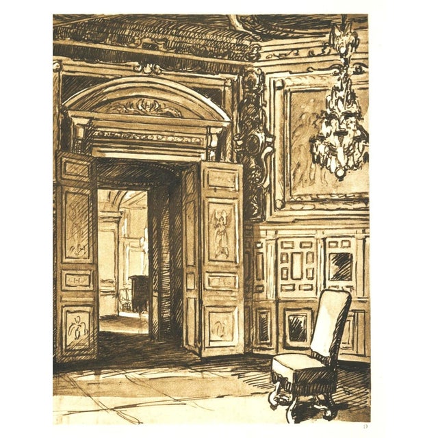 French 1925 French Antique Interior Lithograph, Chateau Fountainebleau, Matted For Sale - Image 3 of 4
