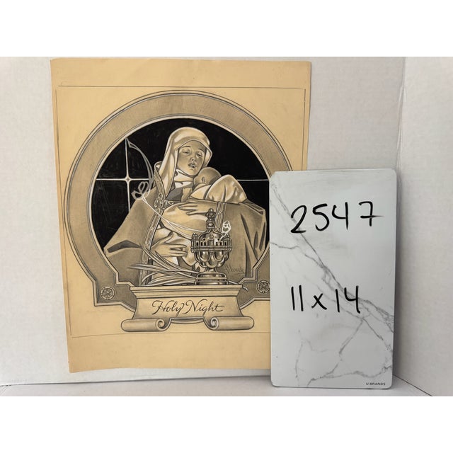 Black 1940s Original t.e. Schrock Signed Graphite Illustration of Madonna and Child “Holy Night,” 14 × 11 In. For Sale - Image 8 of 8