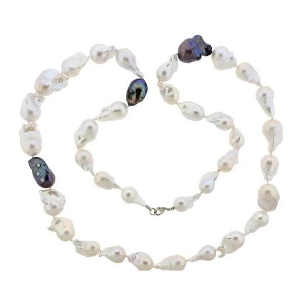 14K white gold necklace featuring baroque white and dark grey/blue pearls with 0.27 carats of brilliant round diamonds....