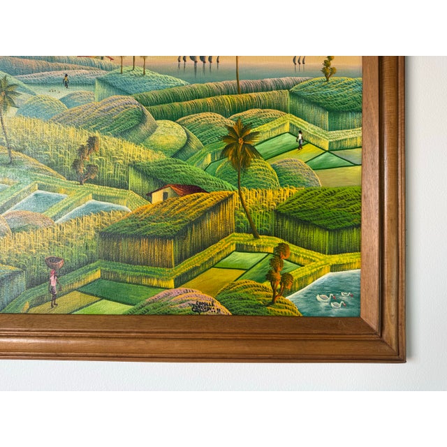 Green 1990's Vintage Haitian Folk Art Landscape Oil Painting by Camille Torchon For Sale - Image 8 of 11